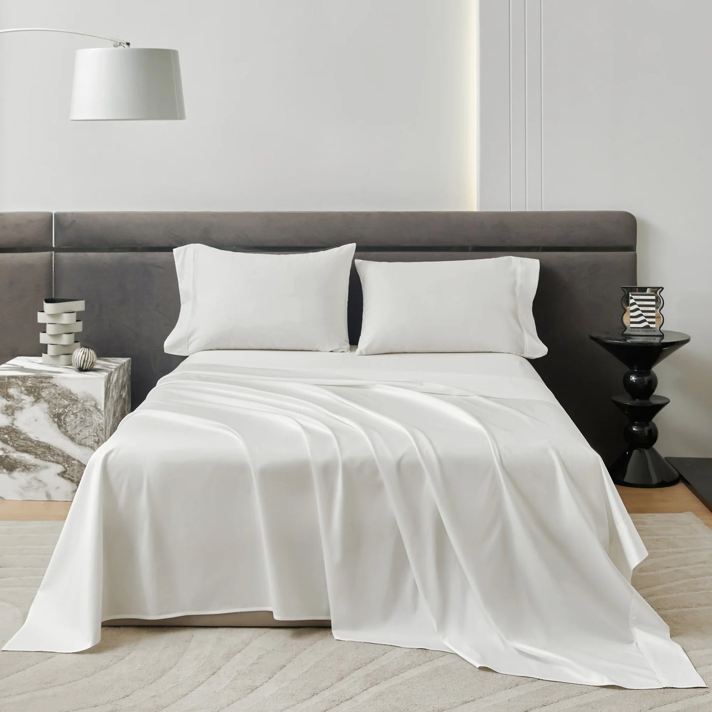 4-Piece Luxurious Sateen cotton Fitted Sheet Set ( 1*Deep Pocket Flat Sheet + 1* Fitted Sheet + 2*Pillowcases, Without Core) - Silky Soft& Smooth, Machine Washable,Breathable, Comfortable, For Bedroom, Guest Room (Q/K)