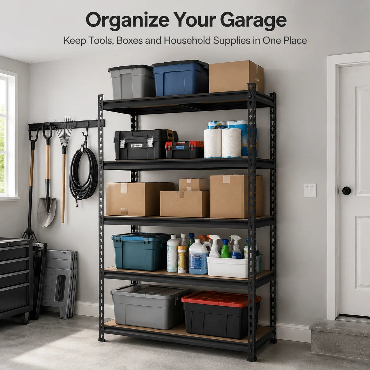 Heavy Duty Metal Storage Rack 5 Tier Adjustable Utility Shelving Unit with MDF Board Garage Organizer Tool Shelf for Basement Warehouse Kitchen Pantry Closet Multi-Purpose Storage Display Rack