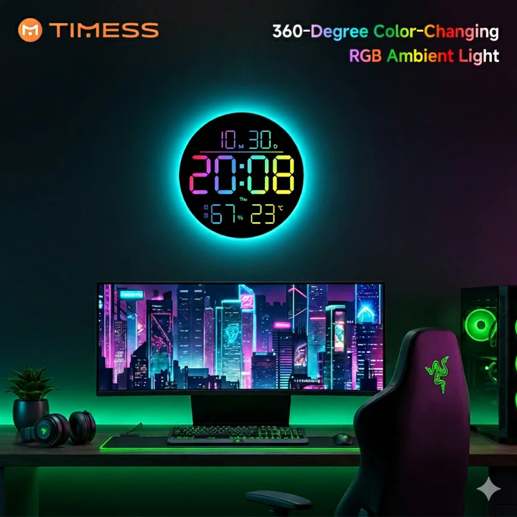 10 Inch RGB LED Digital Wall Clock Remote Control Large Display Date Temperature Humidity Auto Dimming Modern Living Room Decor
