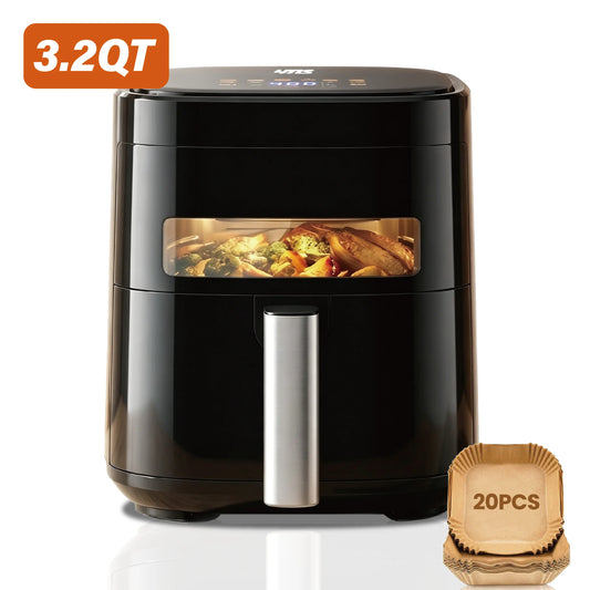 YMS 3.2QT Touchscreen Air Fryer with Visible Window, Black, 8-in-1 Preset Functions, Oil-Free Healthy Cooking, Fast & Easy to Clean, 1200W Compact Small Air Fryer for Singles, Perfect for Apartment Dorm Countertop Use, air fr