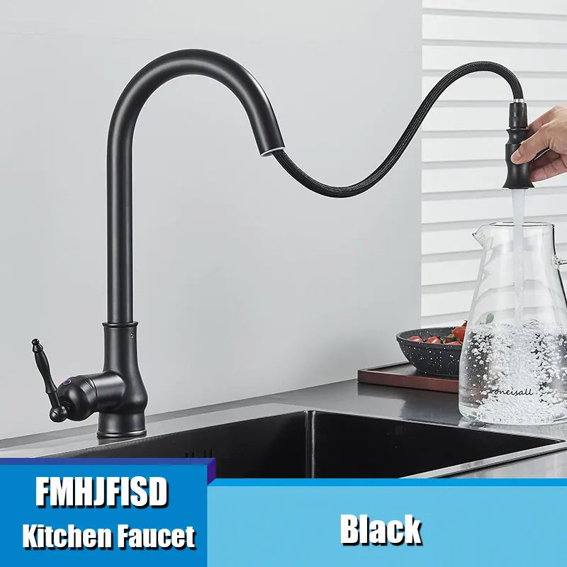 Vintage Brass Kitchen Sink Faucet Pull Out Nozzle Spray Single Handle Cold And Hot Water Mixing 360 ° Rotary Deck Mounted