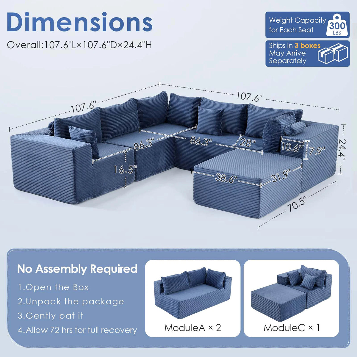 Redlife 107" Boneless Couch with Ottoman, 6 Seat Modular Sectional Sofa,Blue Corduroy Upholstery,28" Deep Seat,Removable Covers