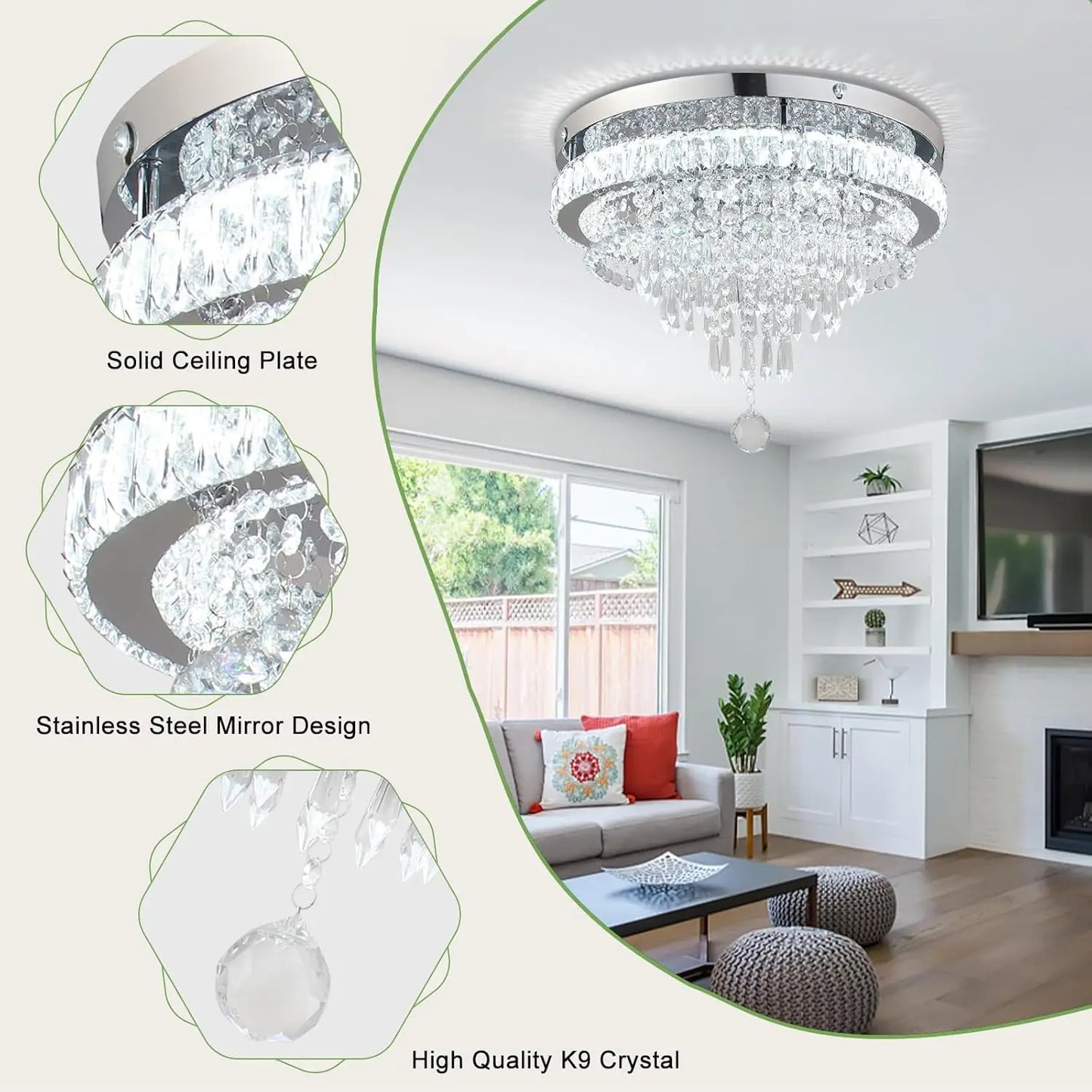 19.7" Crystal Chandeliers Crystal Ceiling Light Fixtures Modern Flush Mount Light LED Chandelier Lamp for Living Room Bedroom Dining Room 6500K Cool White