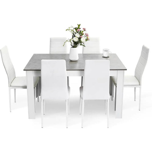 Dining Table and Chairs Set 6, 7 Pieces Kitchen Table Set with High Back aux Leather Chair or Dining Room Kitchen Recular ern (G