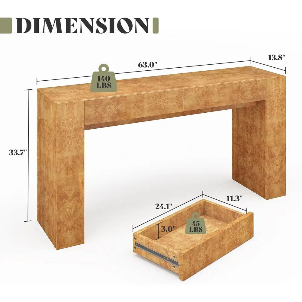 63 Modern Burl Wood Entry Table with 2 Drawers, Ideal for Sofa Back or Foyer, Suitable for Hallway and Living Room, Natural Fini