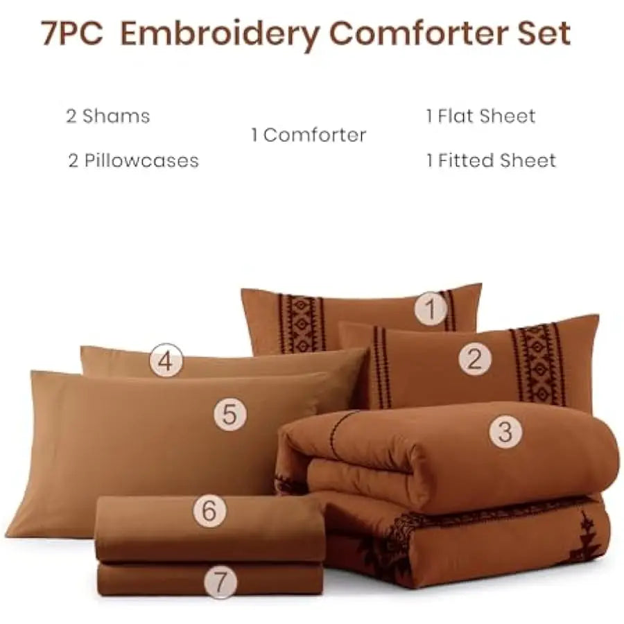 MaiRêve Embroidery Comforter Set, Boho Farmhouse Western Bedding Set, All Season Bed in A Bag Comforter Set with Sheets, Pillowc