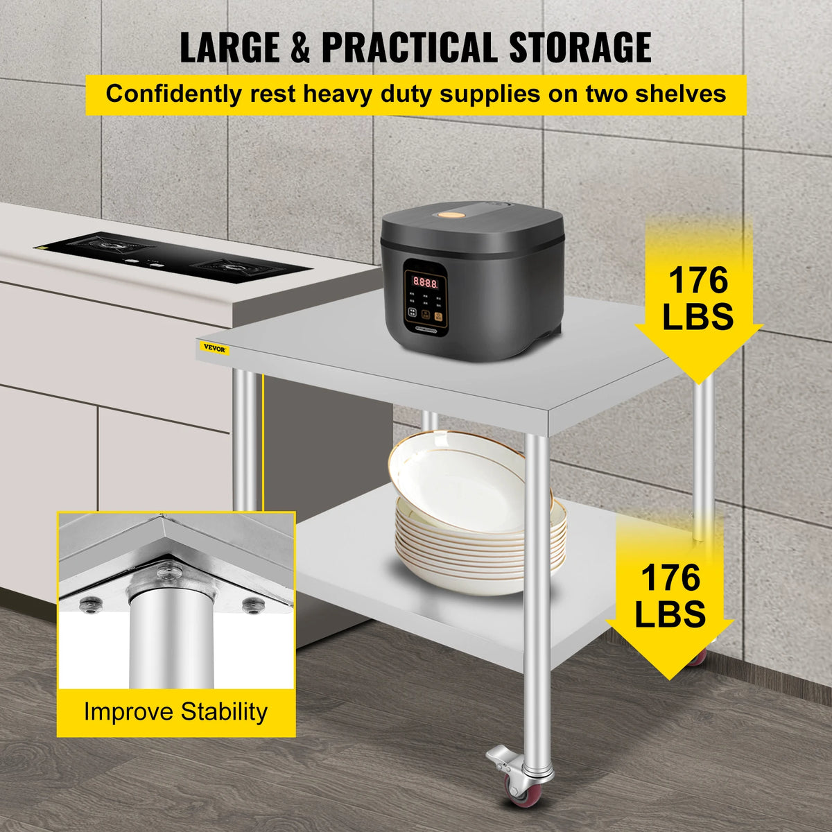 SucceBuy Stainless Steel Kitchen Prep Table With 4 Caster Wheels & Backsplash Loads Up to 100-300KG for Home Storage Rack Dining