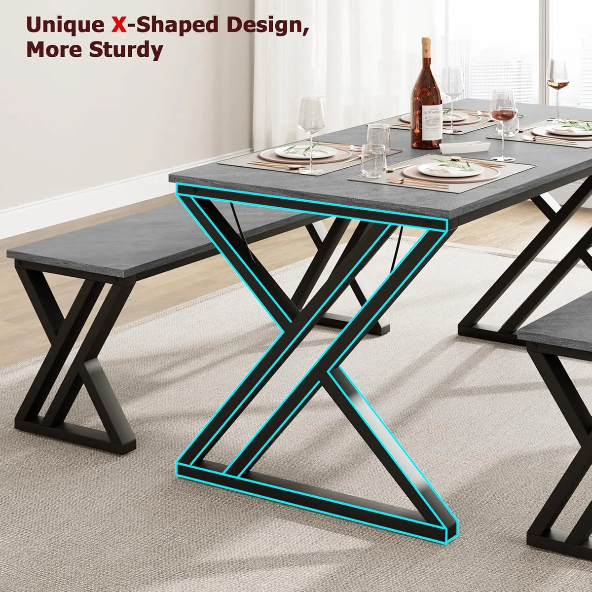 Kitchen Table Set with 2 Benches Space Saving Dining Room Table & Benches Sturdy Metal Frame Dinette Set for Home Grey