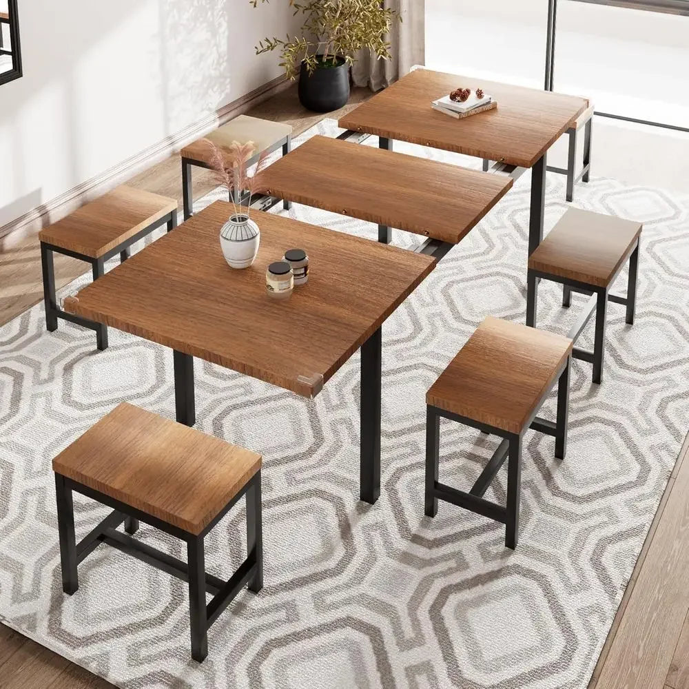 7-Piece Dining Table Set with 6 Stools, 63" Exble Kitchen Table Set or 4-8, ern Dining Room Table with Sturdy Metal e, Space-Sav