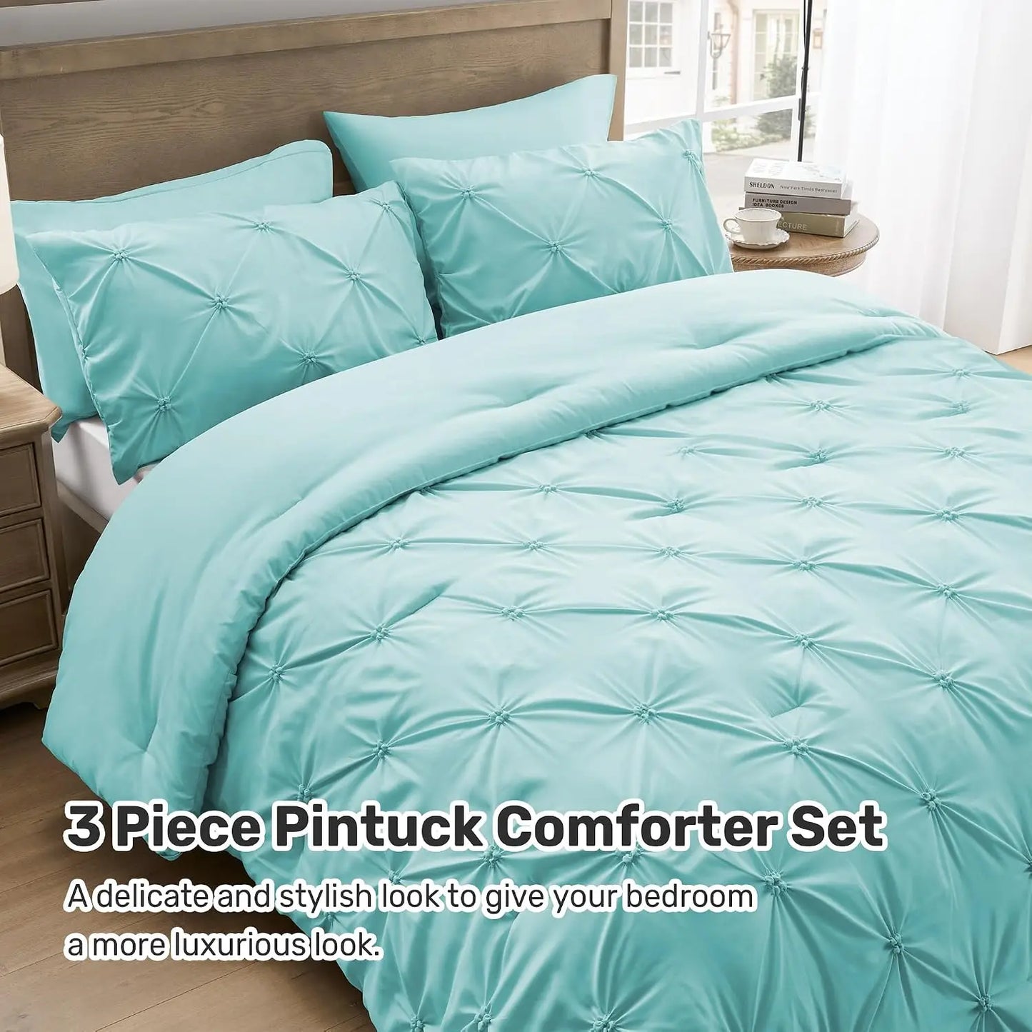 King Size Comforter Set Aqua Blue - Ultra Soft Boho Pinch Pleat Down Alternative Bedding 3 Pieces Lightweight Warm All Seasons