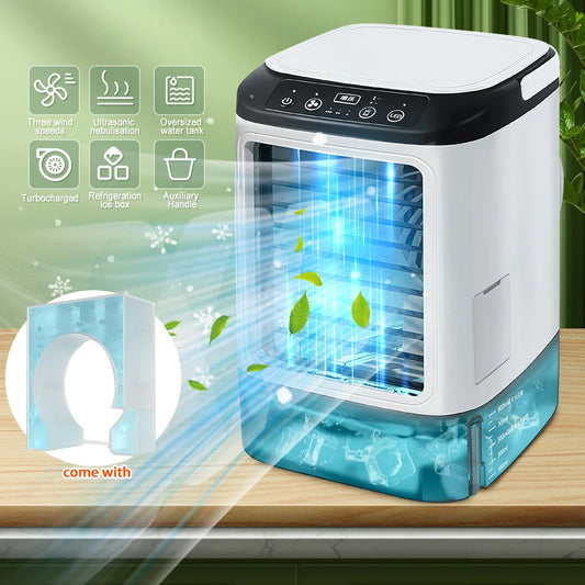 Mini Portable Evaporative Air Cooler 3 Speed Wind Mist Humidifier 7 Color Ambient Light Ice Box Desktop Cooling Fan for Home Office