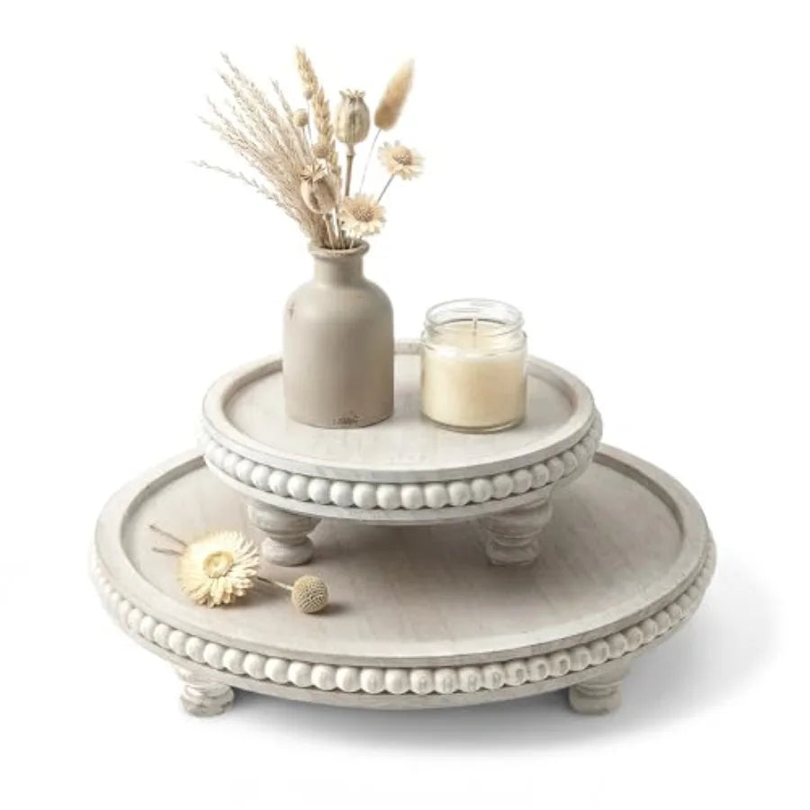 Round Pine Wooden Display Riser Set of 2 for Home Decor - Beaded Pedestal Stand for Bathroom and Coffee Table - Decorative Tray