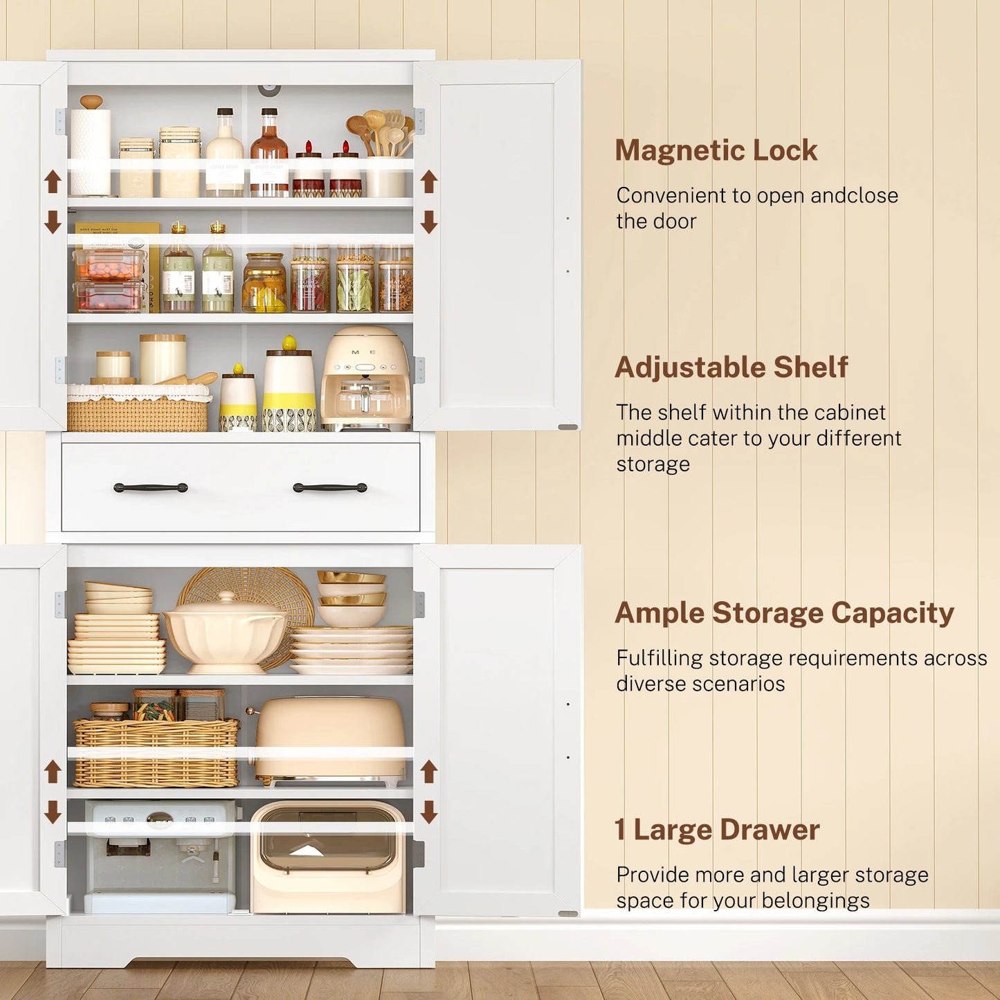 Tall Storage Cabinet with 4 Doors & 1 Large Drawer, Kitchen Pantry Cabinet , for Living Room, Kitchen, Bathroom, White