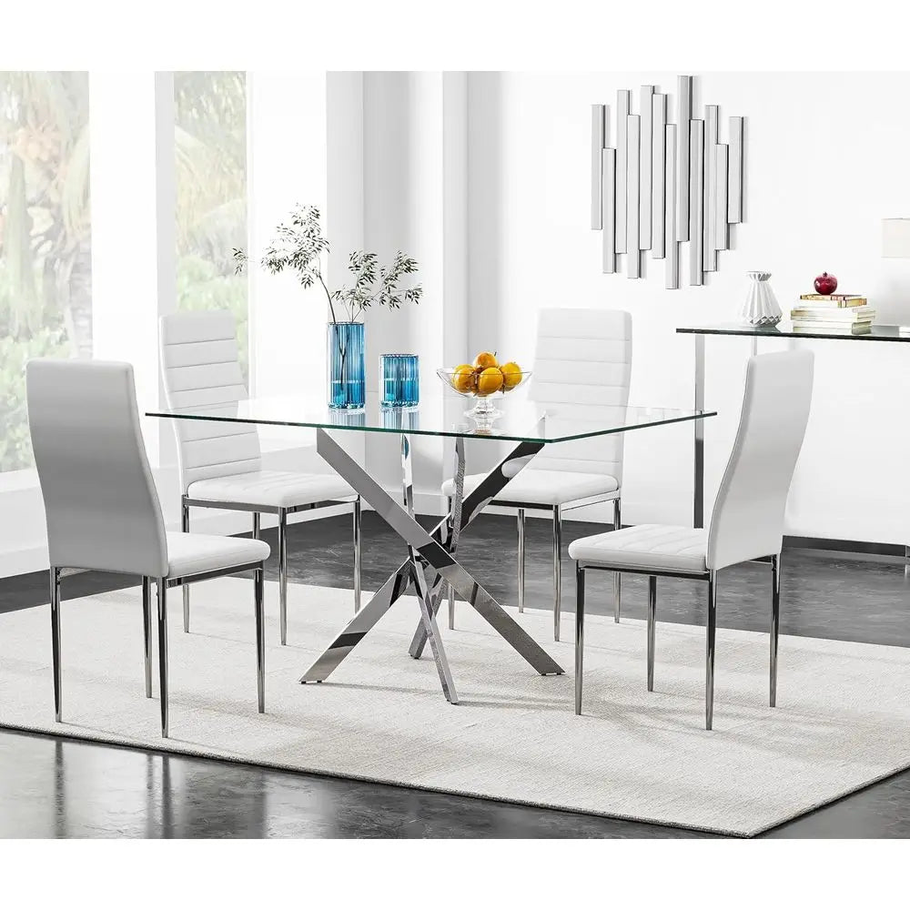 5-Piece Glass Dining Set with Upholstered Chairs or 4-Seat Kitchen Table in Silver with White Chairs