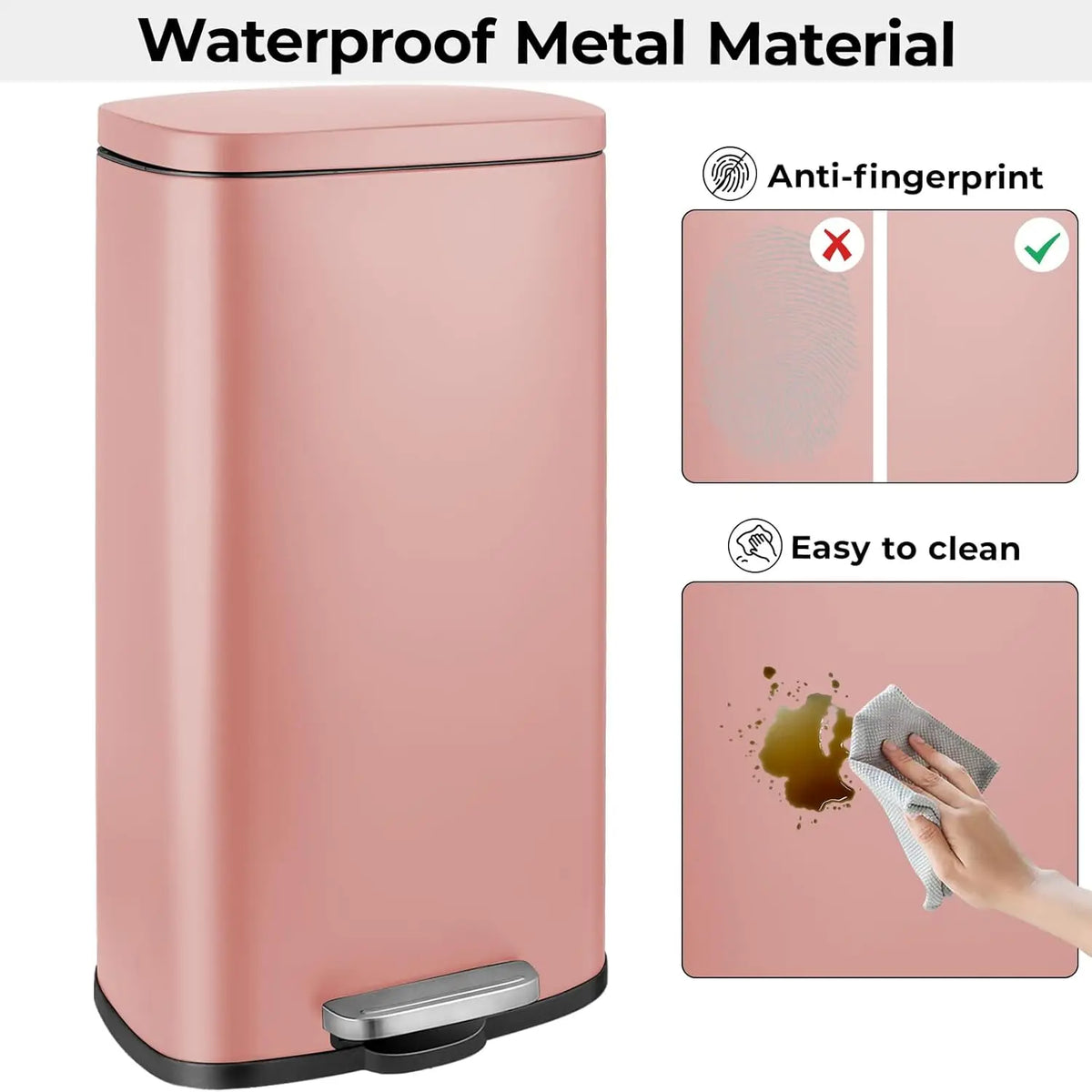 8Gal/30L Kitchen Trash Can,Pedal Waste Bin Rectangular Step Trash Can with Lid Soft-Close,Stainless Steel,Pink