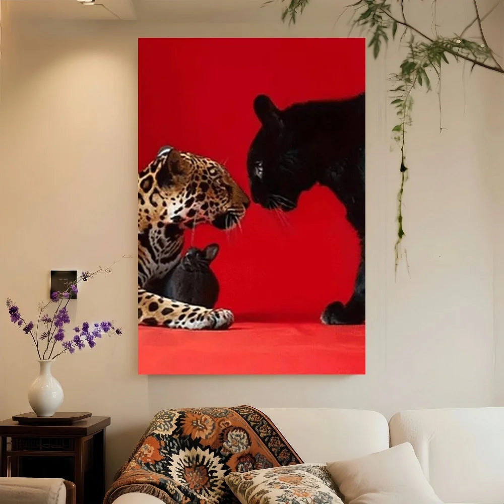 Framed 1pc Framed Leopard Print Canvas Wall Art - Modern Black & White Animal Portrait With Red Background, Perfect For Living R