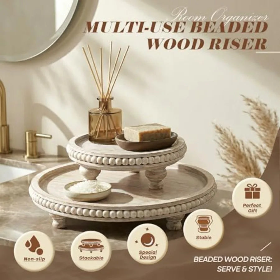 Round Pine Wooden Display Riser Set of 2 for Home Decor - Beaded Pedestal Stand for Bathroom and Coffee Table - Decorative Tray
