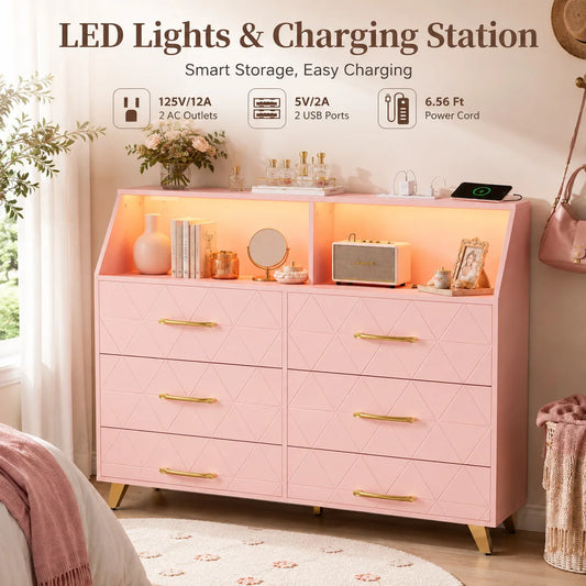Modern 6 Drawer Dresser with LED Lights Charging Station Pink Wood Storage Cabinet Bedroom Chest of Drawers with Metal Legs Entryway Organizer