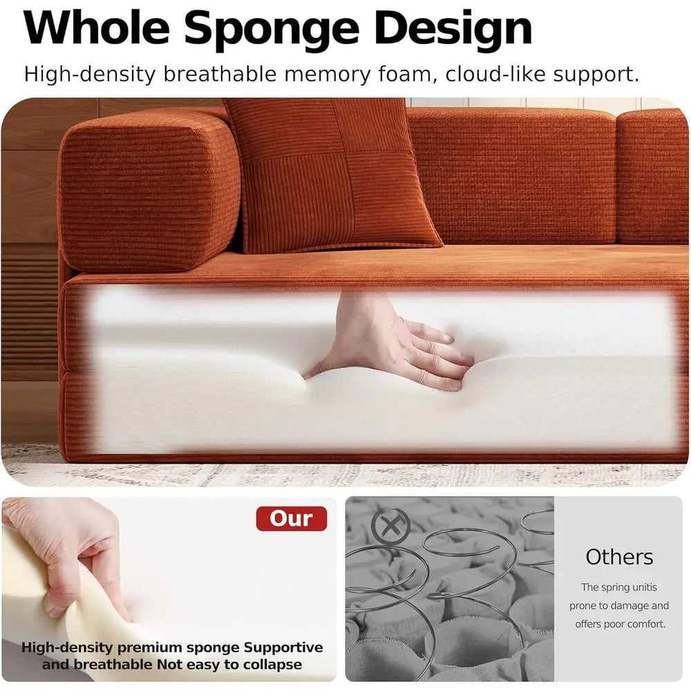 Orange Corduroy Sleeper Sofa with Armrest Pillow, Convertible Couch Bed for Living Room, Ready to Use in a Box