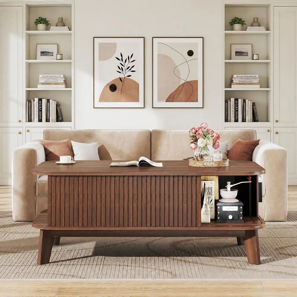 37.4 Large Walnut Coffee Table with Storage and Sliding Door for Living Room & Home Office