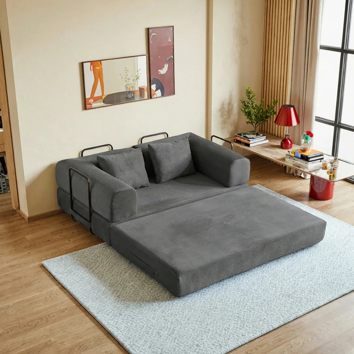 59" 4-in-1 Cloud Boneless Convertible Floor Sofa Bed,High-Density Sponge & Corduroy Fabric Futon Daybed for Living Room Bedroom