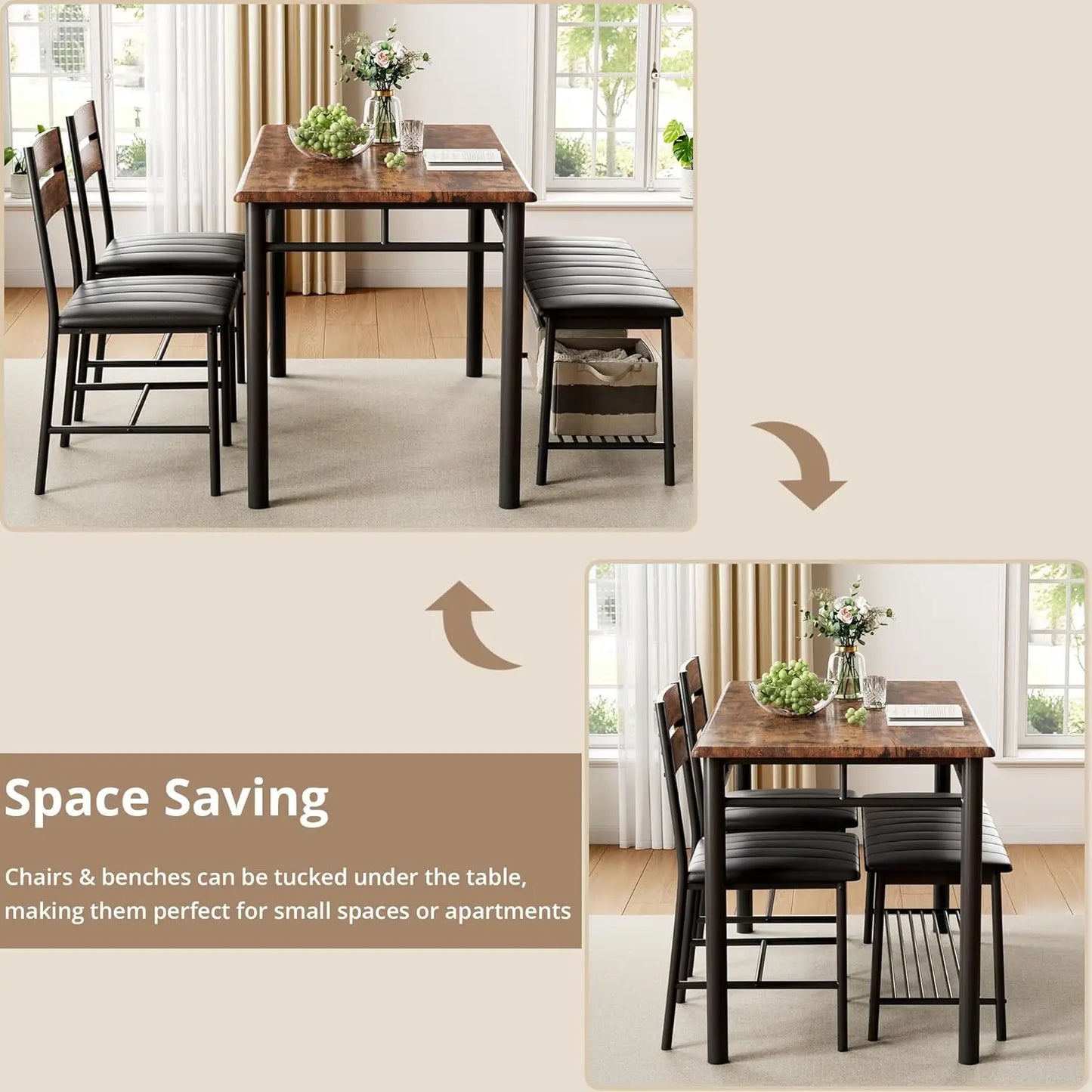 IRONCK Dining Table Set for 4, Kitchen Table with Upholstered Bench and 2 Chairs, Kitchen Table and Chairs Set for Small Space