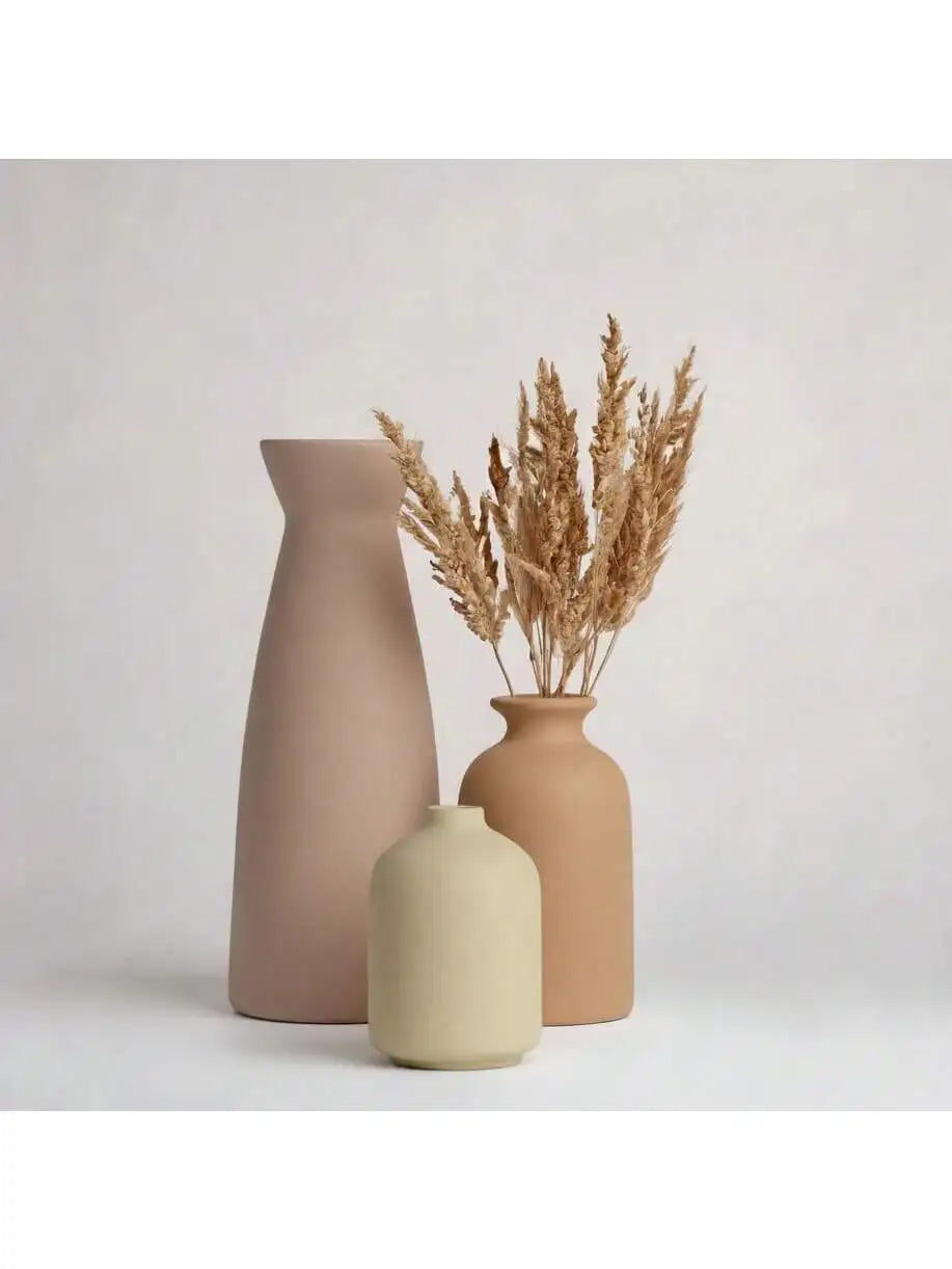 Set Of 3 Minimalist Beige Ceramic Vases - Elegant Home Decor & Wedding Centerpiece - Modern Flower Vases Set - Romantic Gift Ide