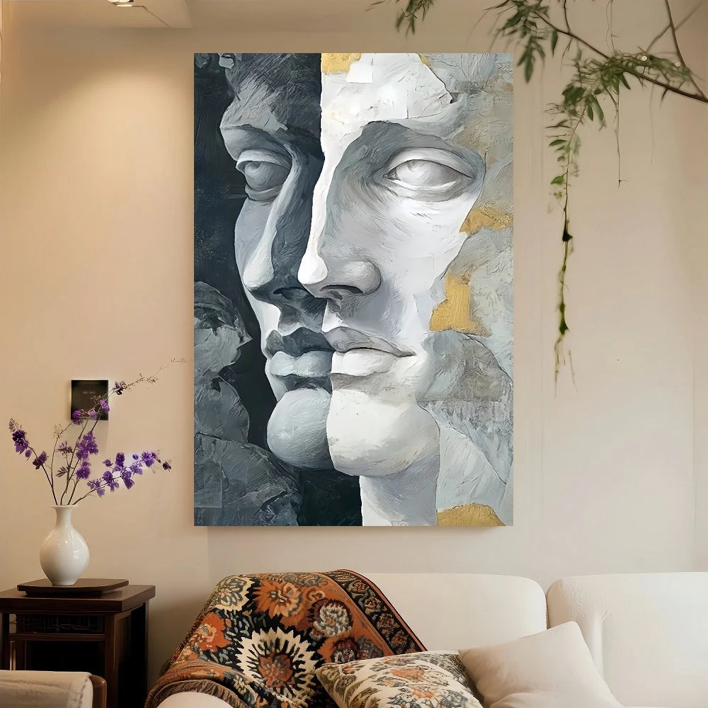 Framed Flat, 1pc Modern Minimalist Abstract Face Wall Art - Black & White Framed Canvas Suitable For Home Decor, Office, - Wrap-