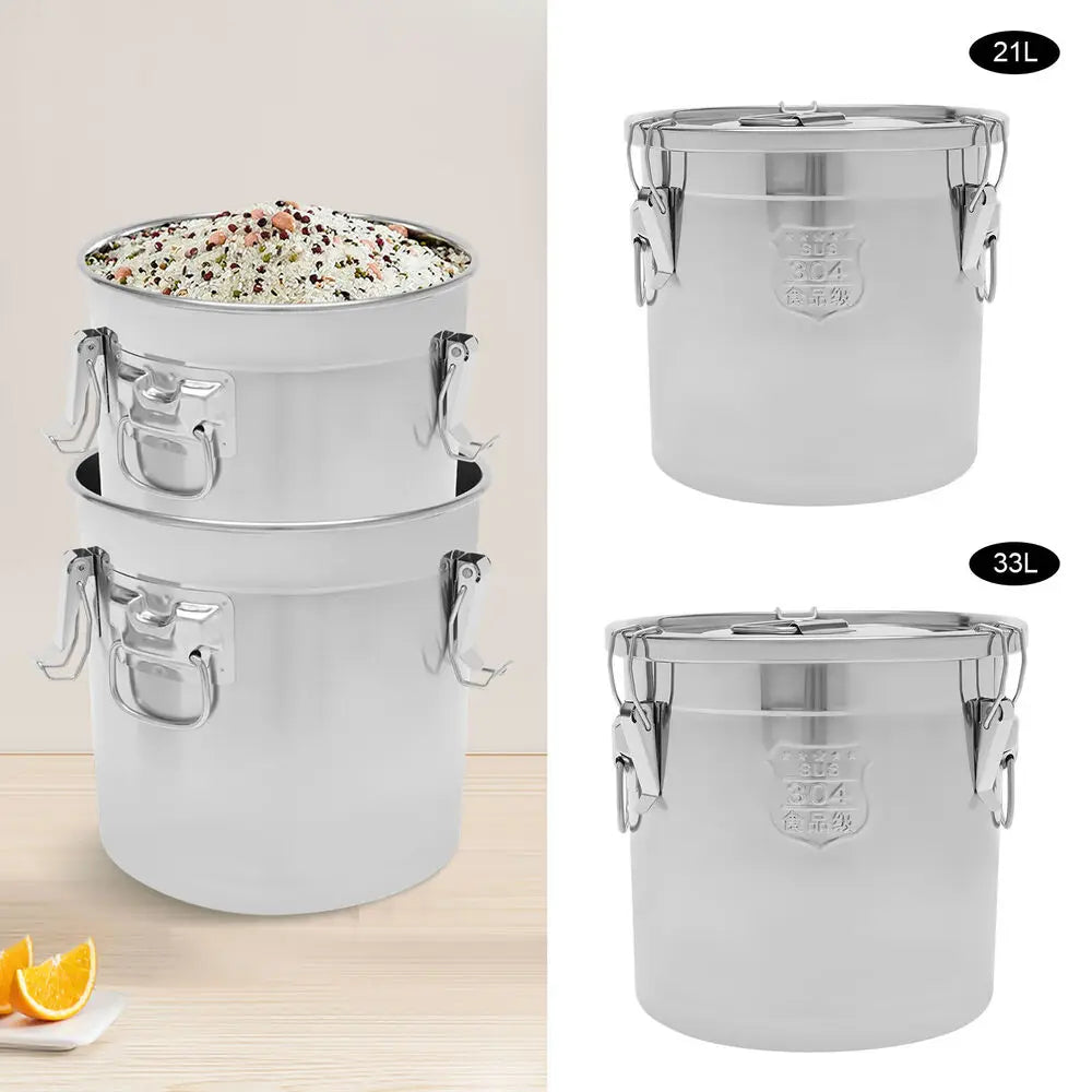 21L/33L Airtight Rice Bucket Canister Food Storage Container 304 Stainless Steel
