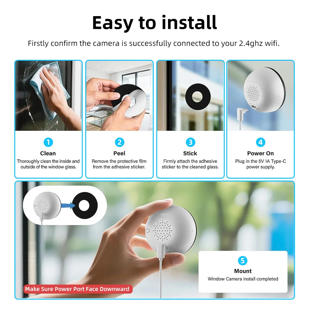 2K HD WiFi Window Security Camera 2.4G Wireless Indoor Surveillance Cam Two Way Audio Night Vision Motion Detection Support 128GB SD Card Easy Adhesive Installation Home Monitor Camera
