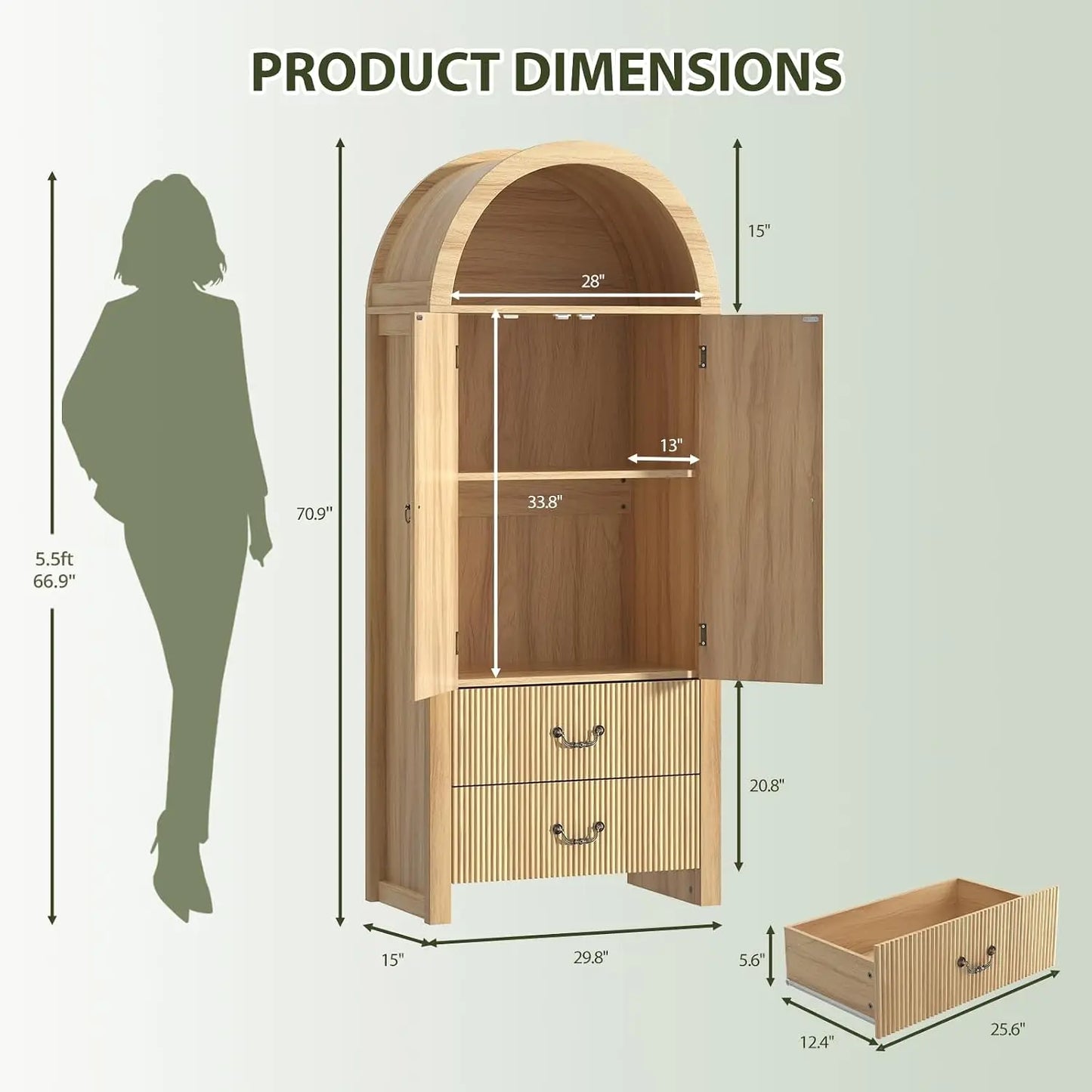 71" Arched Storage Cabinet with Fluted Doors, Tall Wood Pantry with Drawers & Adjustable Shelves, Natural Oak