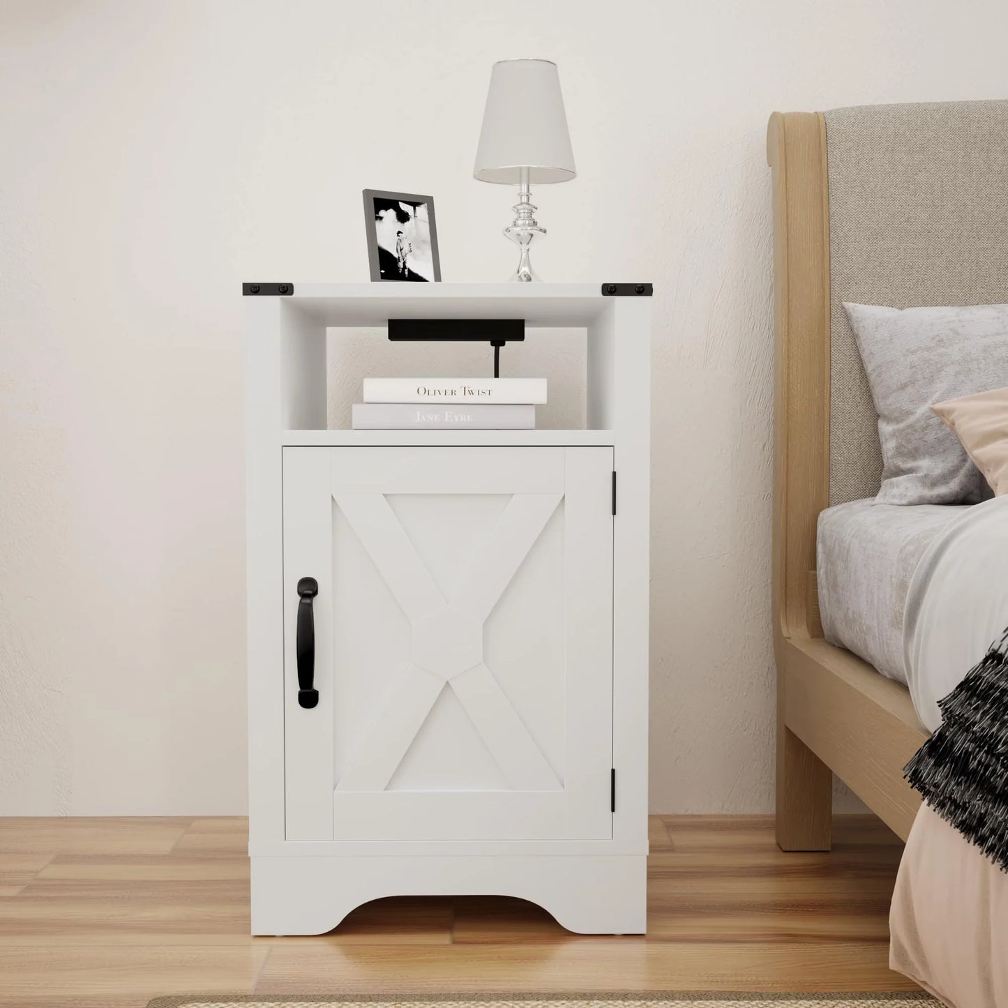 Farmhouse Nightstand with Charging Station, White Bedside Table with 2 USB Ports & Outlets, Wooden End Table with Storage for Bedroom