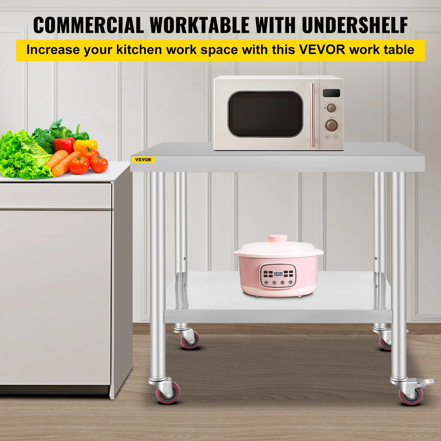 SucceBuy Stainless Steel Kitchen Prep Table With 4 Caster Wheels & Backsplash Loads Up to 100-300KG for Home Storage Rack Dining