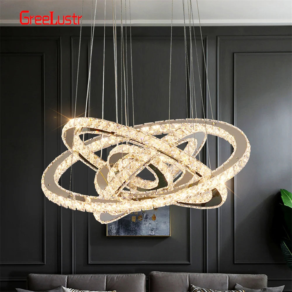 Modern Crystal Chrome Led Pendant Light Fixture Rings Adjustable Chandelier Dimming Lamp  for Living Room Bedroom Hanging Lustre