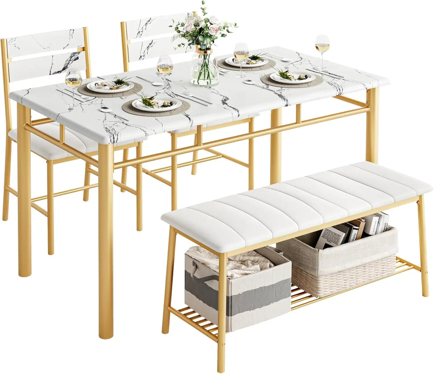 IRONCK Dining Table Set for 4, Kitchen Table with Upholstered Bench and 2 Chairs, Kitchen Table and Chairs Set for Small Space