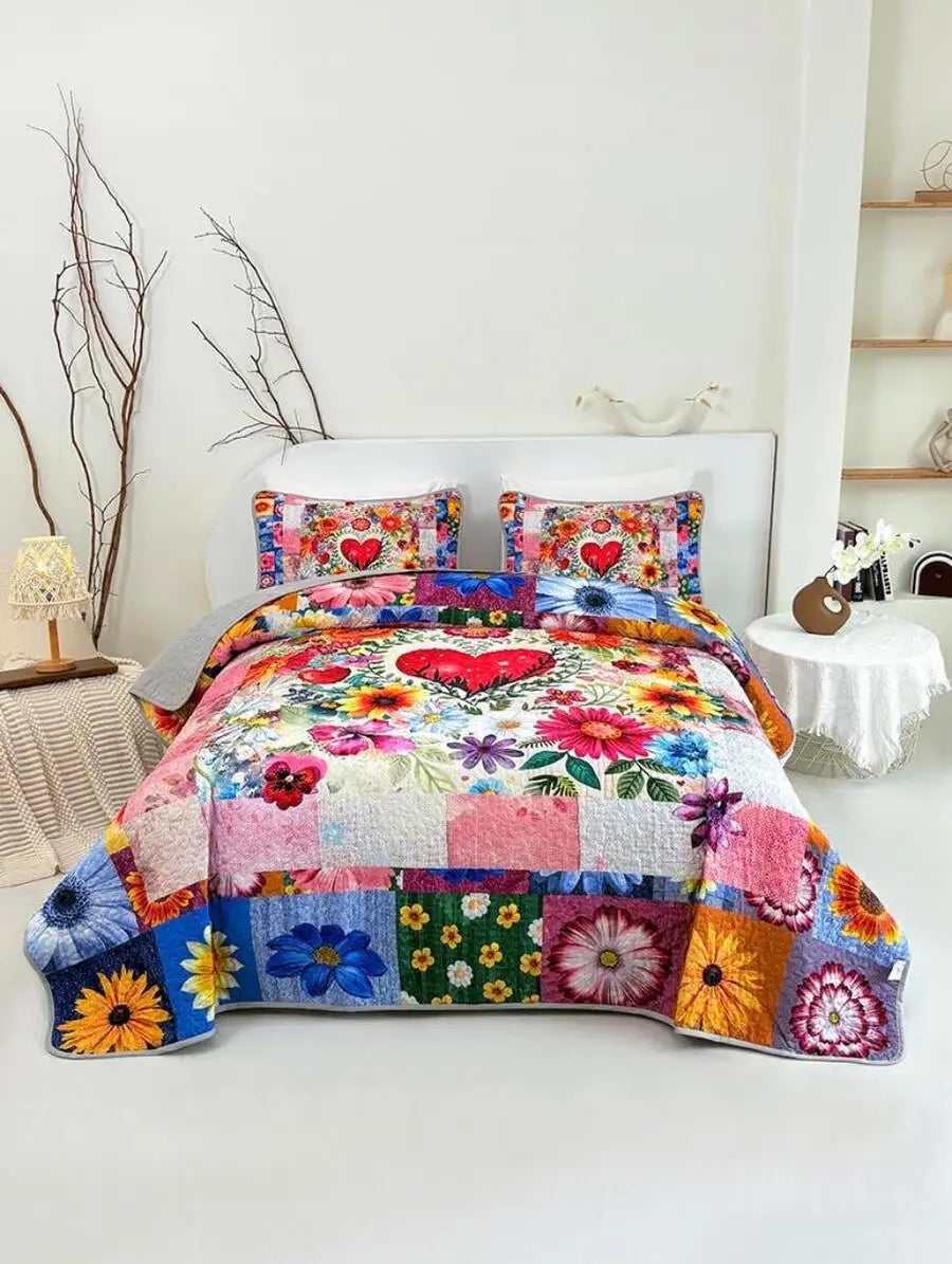 Quilted Floral Print Bedding Set With Pillowcases Soft Breathable Machine Washable Twin Queen King