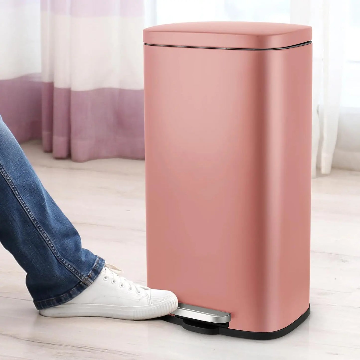 8Gal/30L Kitchen Trash Can,Pedal Waste Bin Rectangular Step Trash Can with Lid Soft-Close,Stainless Steel,Pink