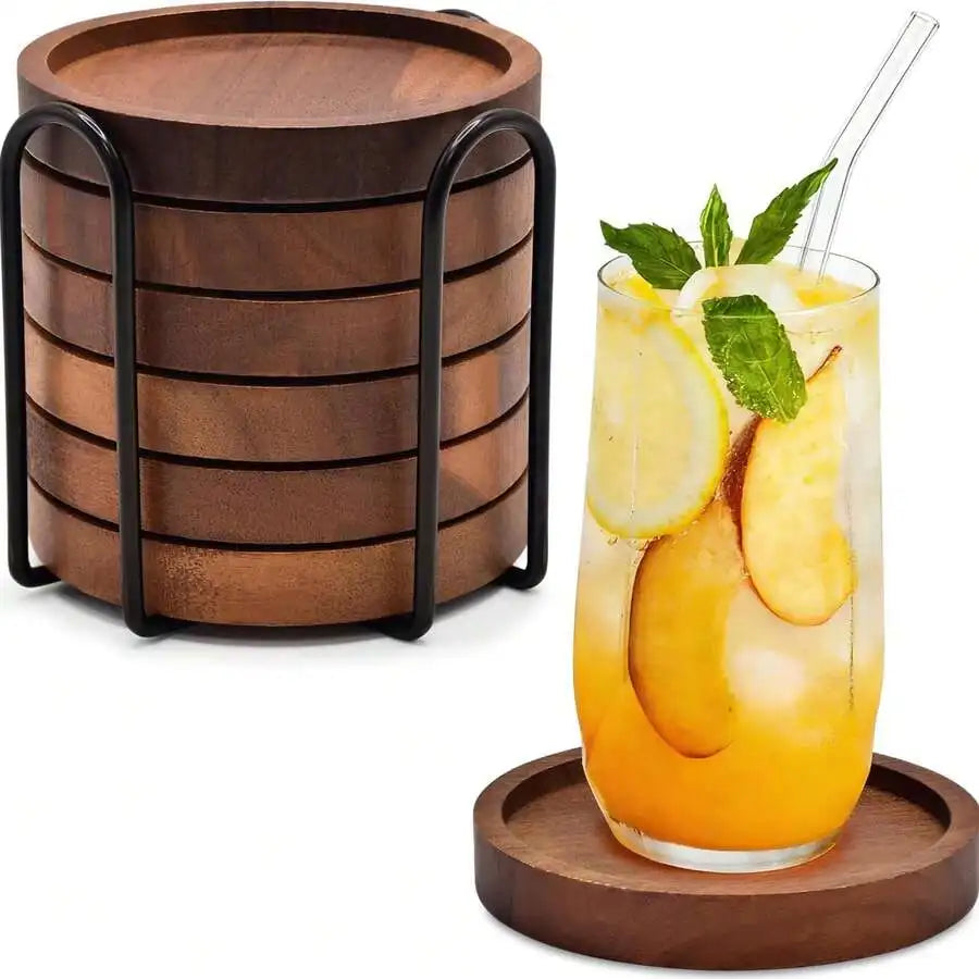 Wood Cork Absorbent Drink Coasters With Holder, Acacia Wood Rustic Farmhouse Coaster Set Of 6 For Coffee Table, Dining Table,