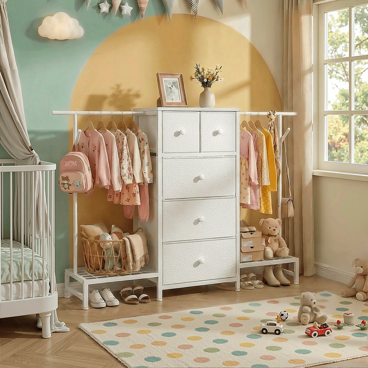 3-in-1 Dresser & Hanging Rack – 57.8" Wide with 5 Drawers & Shoe Rack, Side Hooks for Bedroom Storage and Walk-in closet