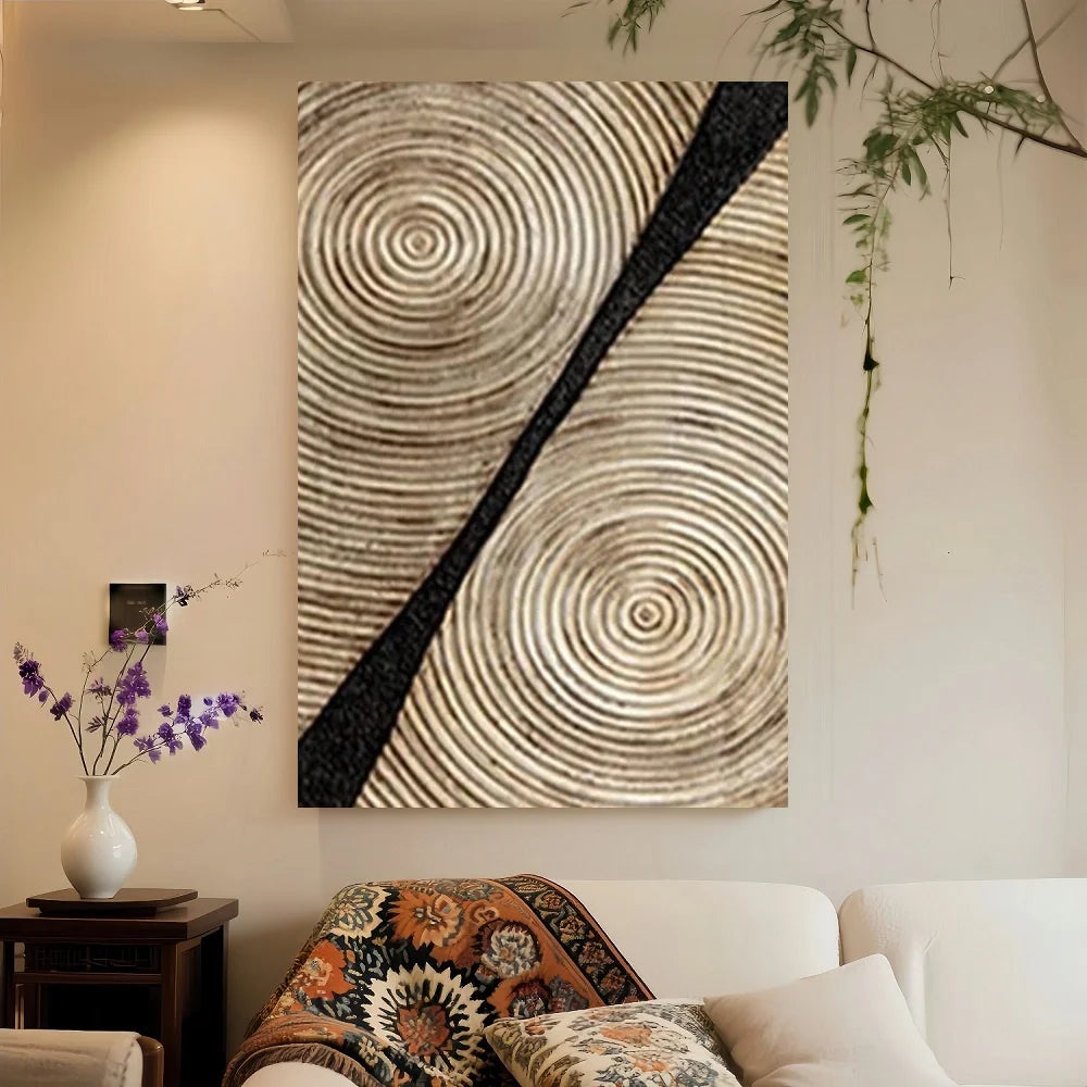 Framed Retro Wood Grain Abstract Canvas Wall Art Minimalist Black Golden Line Texture Wall Decor Pictures Neutral Geometric Beig