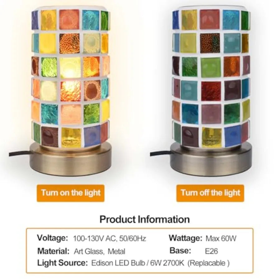 Stained Glass Table Lamp for Bedroom Bedside Bohemian Turkish Small Nightstand Lamp Night Light Metal Base Round Colored Glass