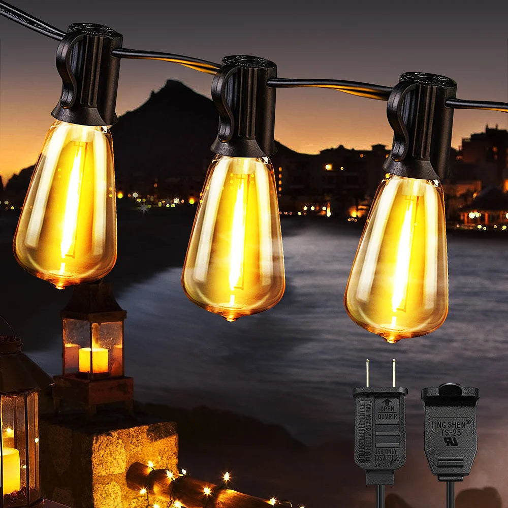 50ft/100ft/25ft LED Outdoor String Lights - 2200K, Shatterproof ST38 Bulbs, Warm White for Garden, Porc