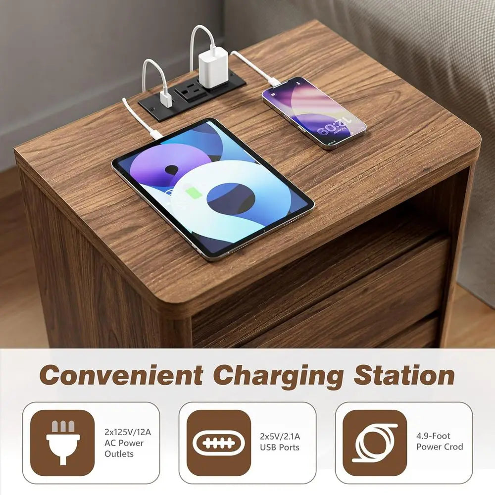 Walnut 3-Piece Bedroom Set with 55 Wide 7-Drawer Dresser, 2 Nightstands, USB Ports & Type C Charging Stations