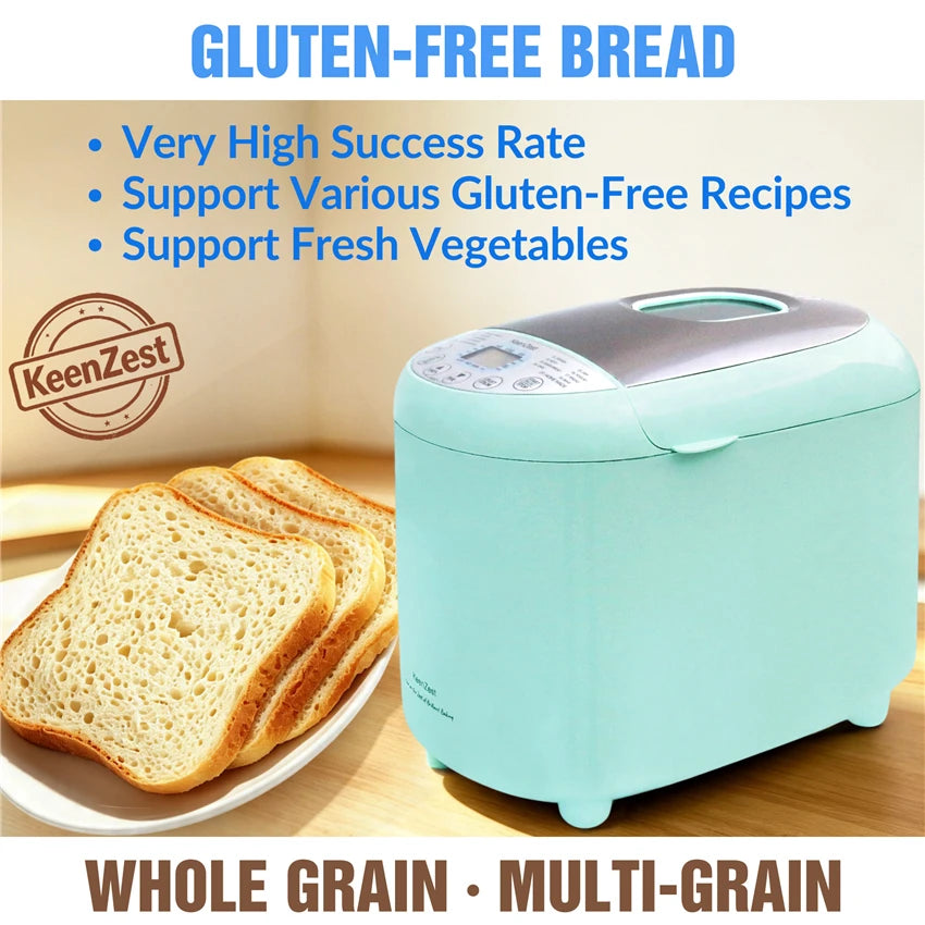 KeenZest 19-in-1 Mint Green Compact Bread Machine, 2LB Whole Wheat Breadmaker with Homemade Cycle, Gluten Free Setting & Recipes