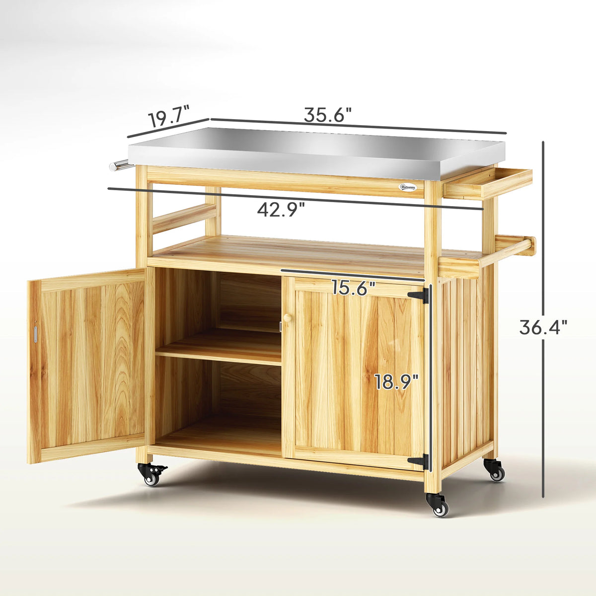 Grill Cart, Kitchen Island with Storage Cabinets, Natural Wood