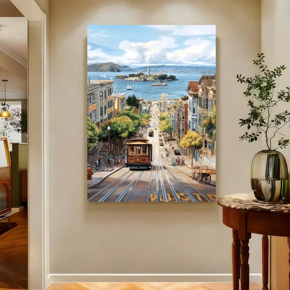Framed 2D Flat 1pc San Francisco Cable Car Canvas - Modern Minimalist Poster With En Gate Bridge & Cable Cars, Wrapped Canvas Fr