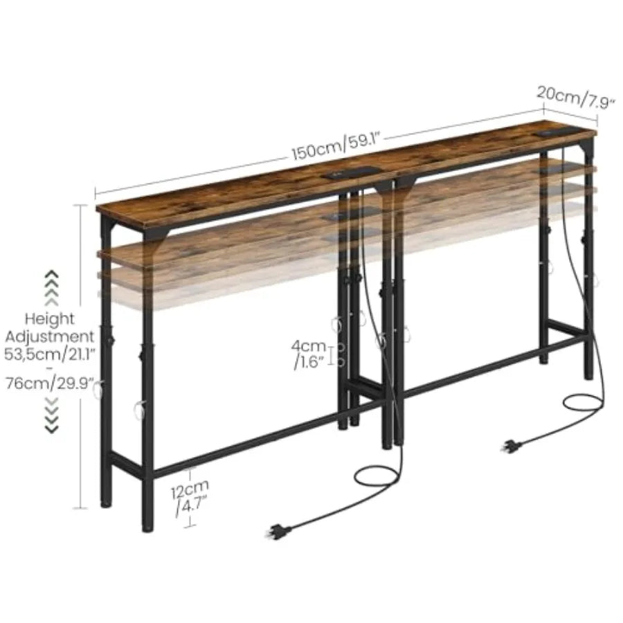 Narrow Console Table with Adjustable Height ."-9.9" Set of Behind Couch Table Entryway Table with Power Outlet Sofa Table for E