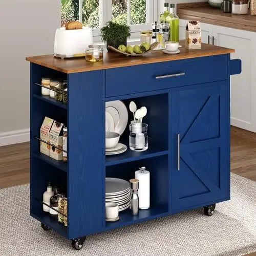 39" Rolling Kitchen Island with Storage and Drawer, Farmhouse Kitchen Island on Wheels with 3-Tier Spice Rack
