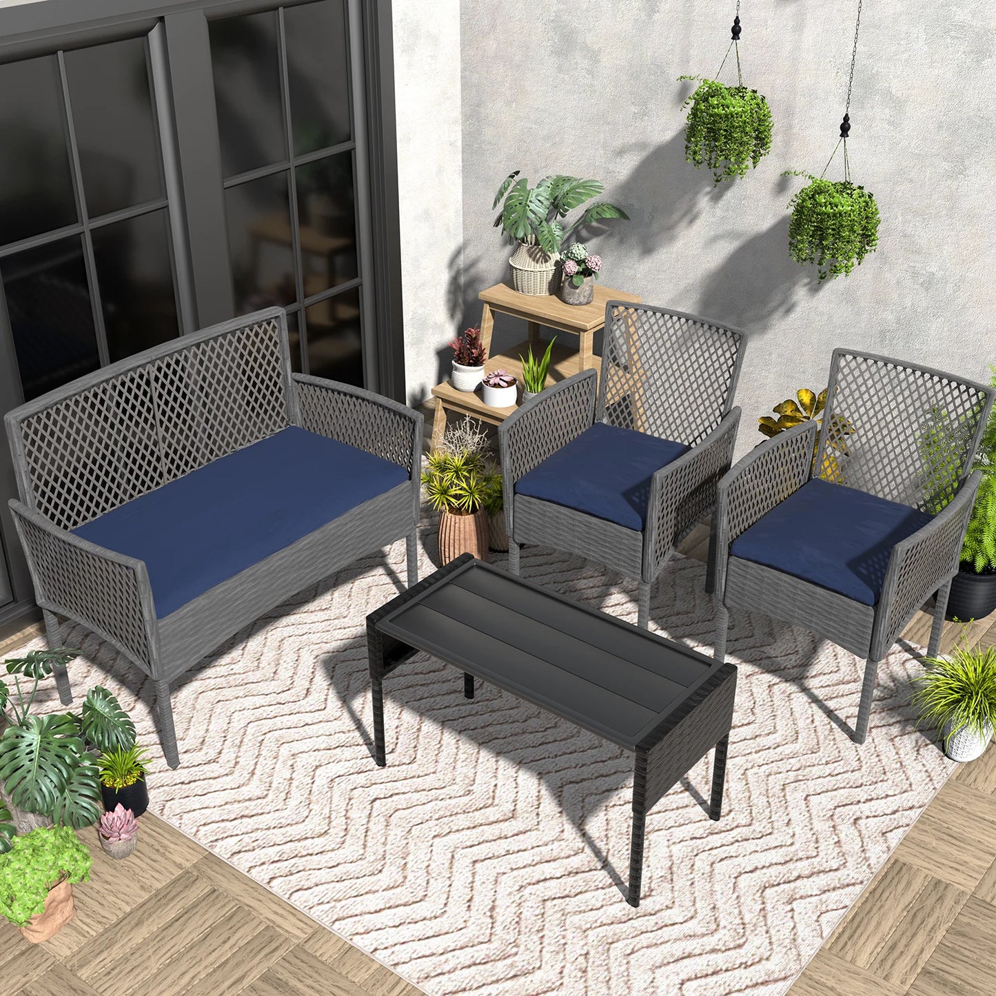 Outdoor Patio Furniture Set 4-Piece, Wicker Hollow-Out Conversation Sofa with Cushions & Coffee Table, All-Weather Patio Furniture for Backyard