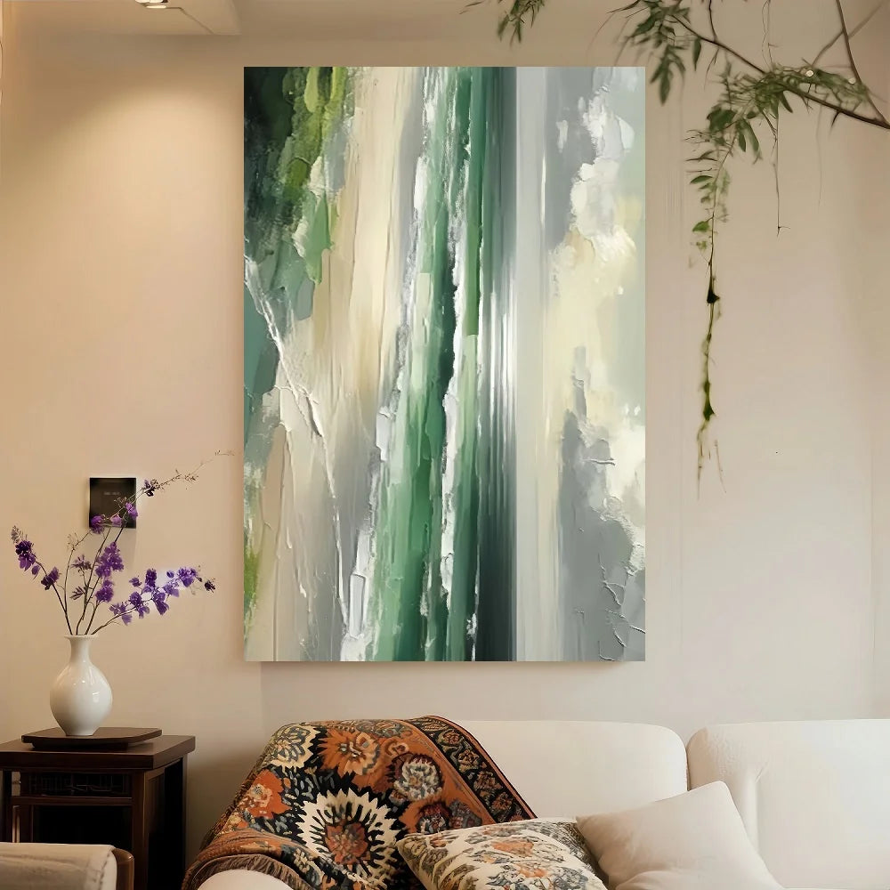 Framed Large Green Abstract Coastal Landscape Hand-Painted Oil On Canvas - Modern Minimalist Green & Blue Seascape Wall Art With
